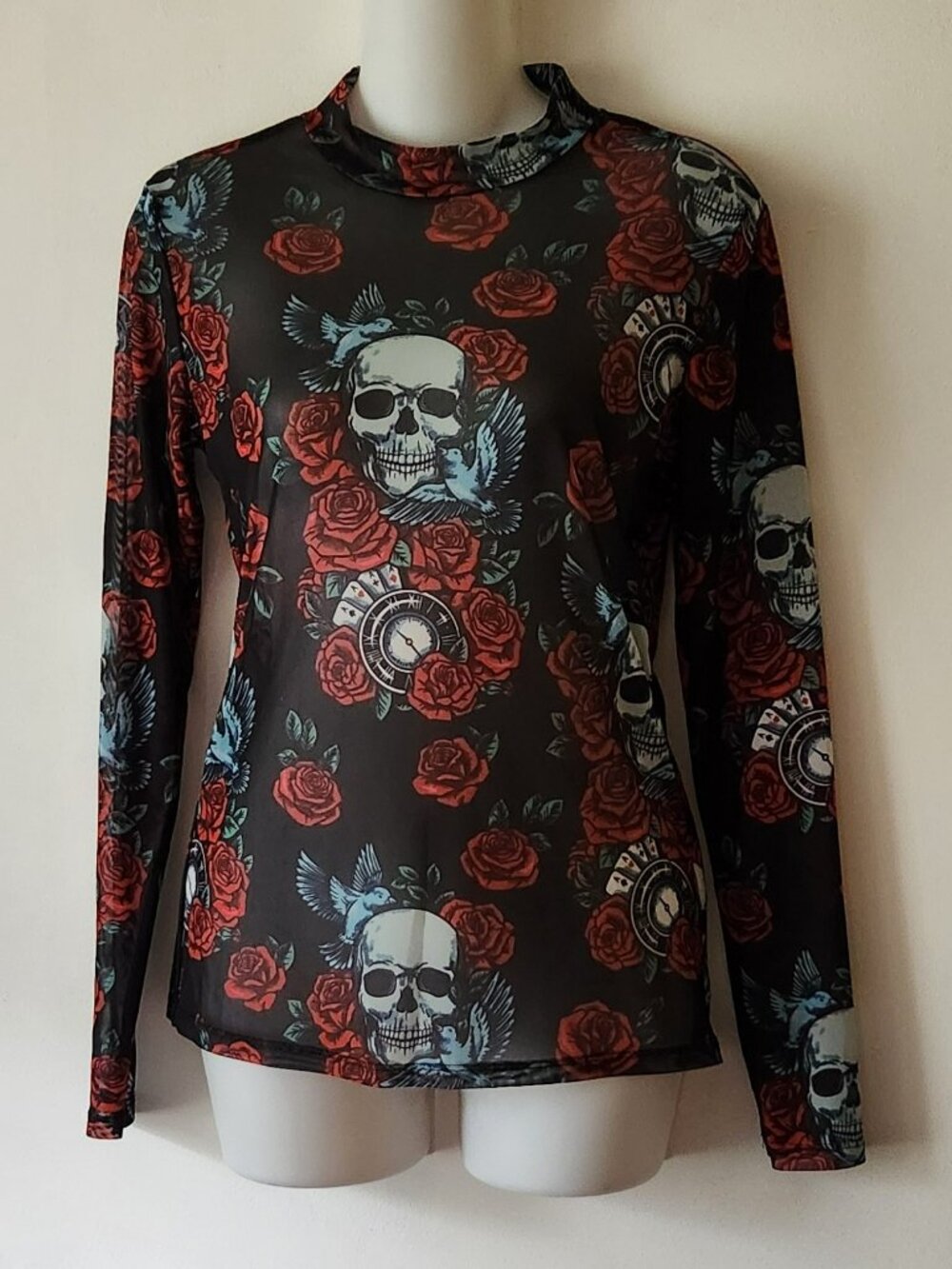 Bemon Run mock turtleneck blouse sz S skulls roses mesh fabric VGUC